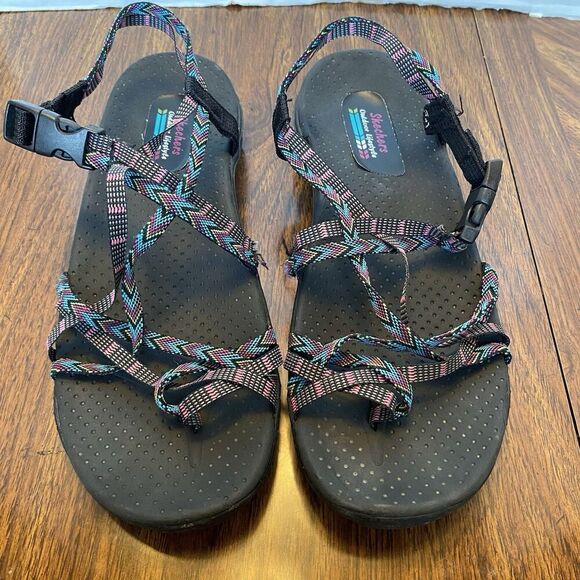 Skechers Sz 11 Women’s Reggae Loopy Blue Pink Strappy Toe Loop Sport Sandals - Picture 1 of 8
